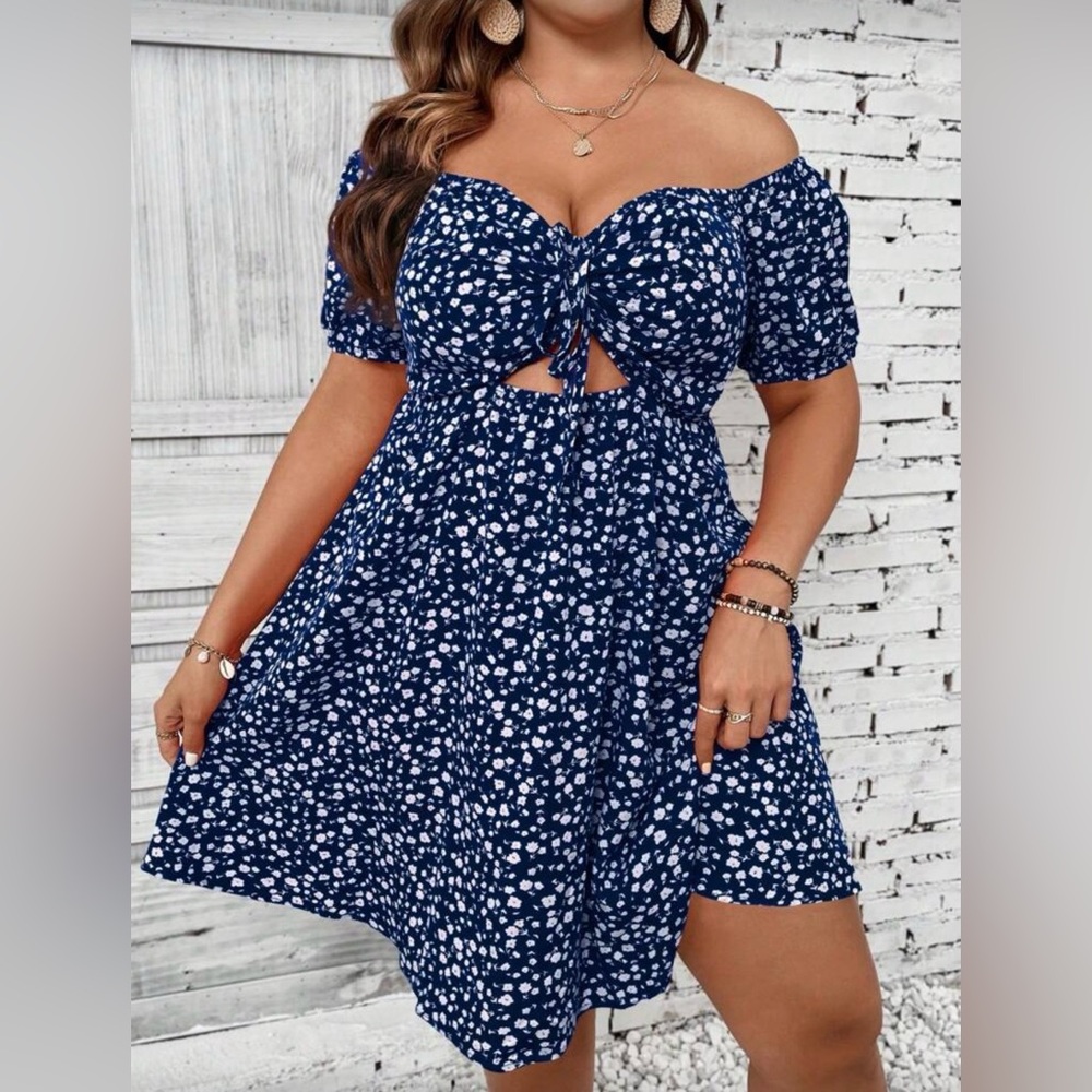 SHEIN Women’s Curve Floral Print Off Shoulder Cut Out Boho Summer Dress